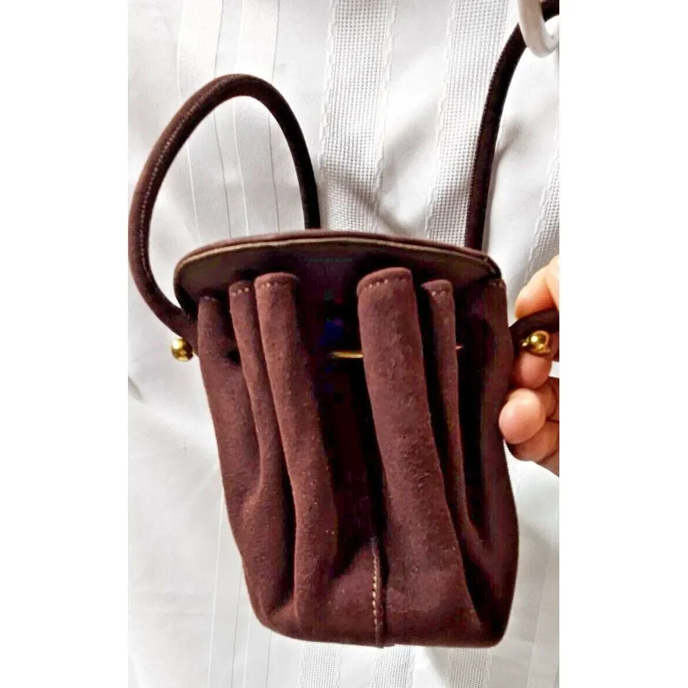 Vintage dark brown Square‎ basket Evening Bag Velvety Ultrasuede double handles